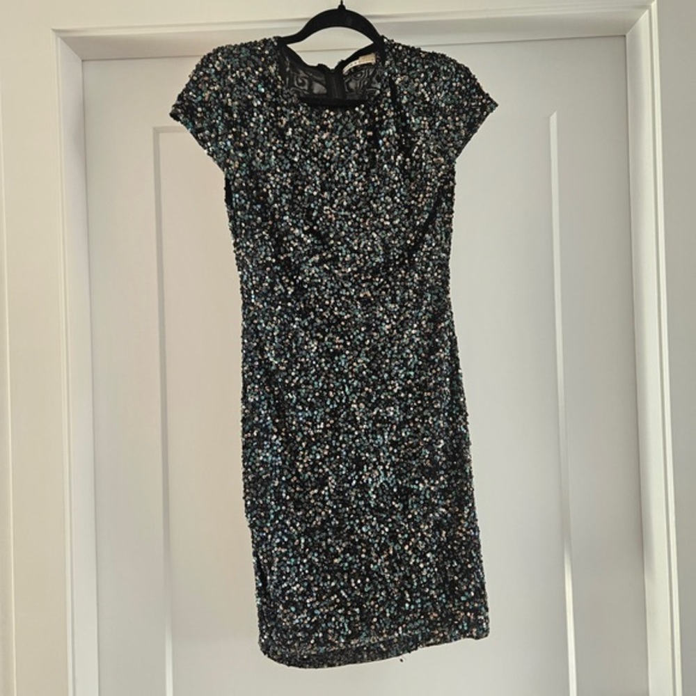 Alice + Olivia Black Sequin Mini Dress with Multicolor Sparkle
